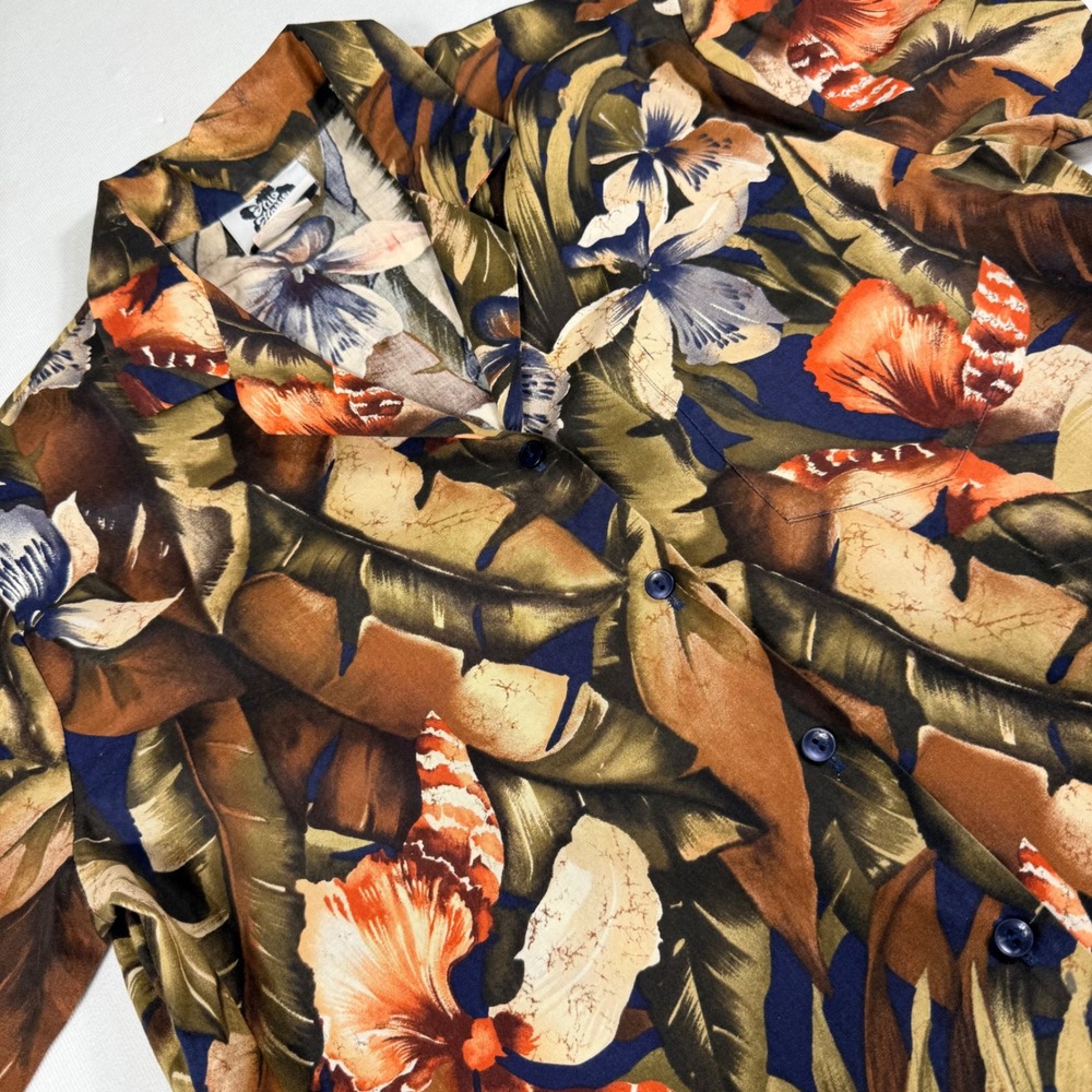 Vtg Hilo Hattie Hawaiian Shirt M Brown Orange Blue Tropical Floral Cotton Hawaii
